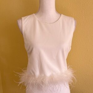 Elegant Cream Feather-Trimmed Tank Top